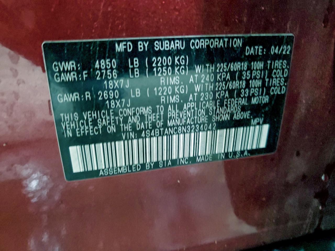 2022 Subaru Outback Limited VIN: 4S4BTANC8N3234042 Lot: 94283875