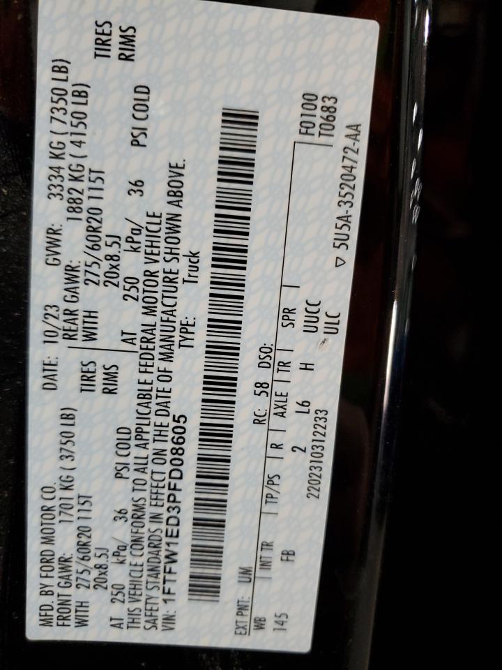 2023 Ford F150 Supercrew VIN: 1FTFW1ED3PFD08605 Lot: 90298275