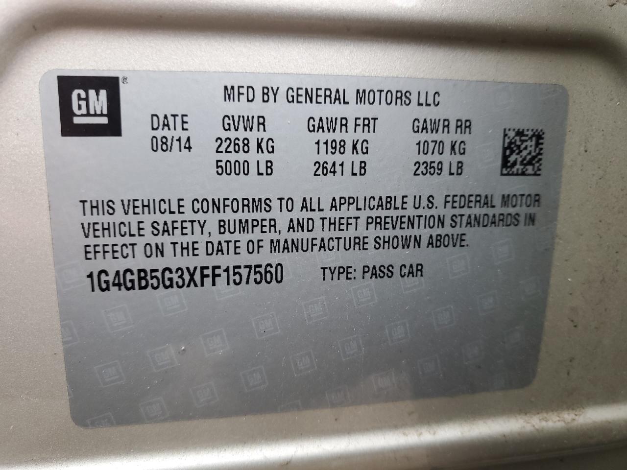 2015 Buick Lacrosse VIN: 1G4GB5G3XFF157560 Lot: 93350845