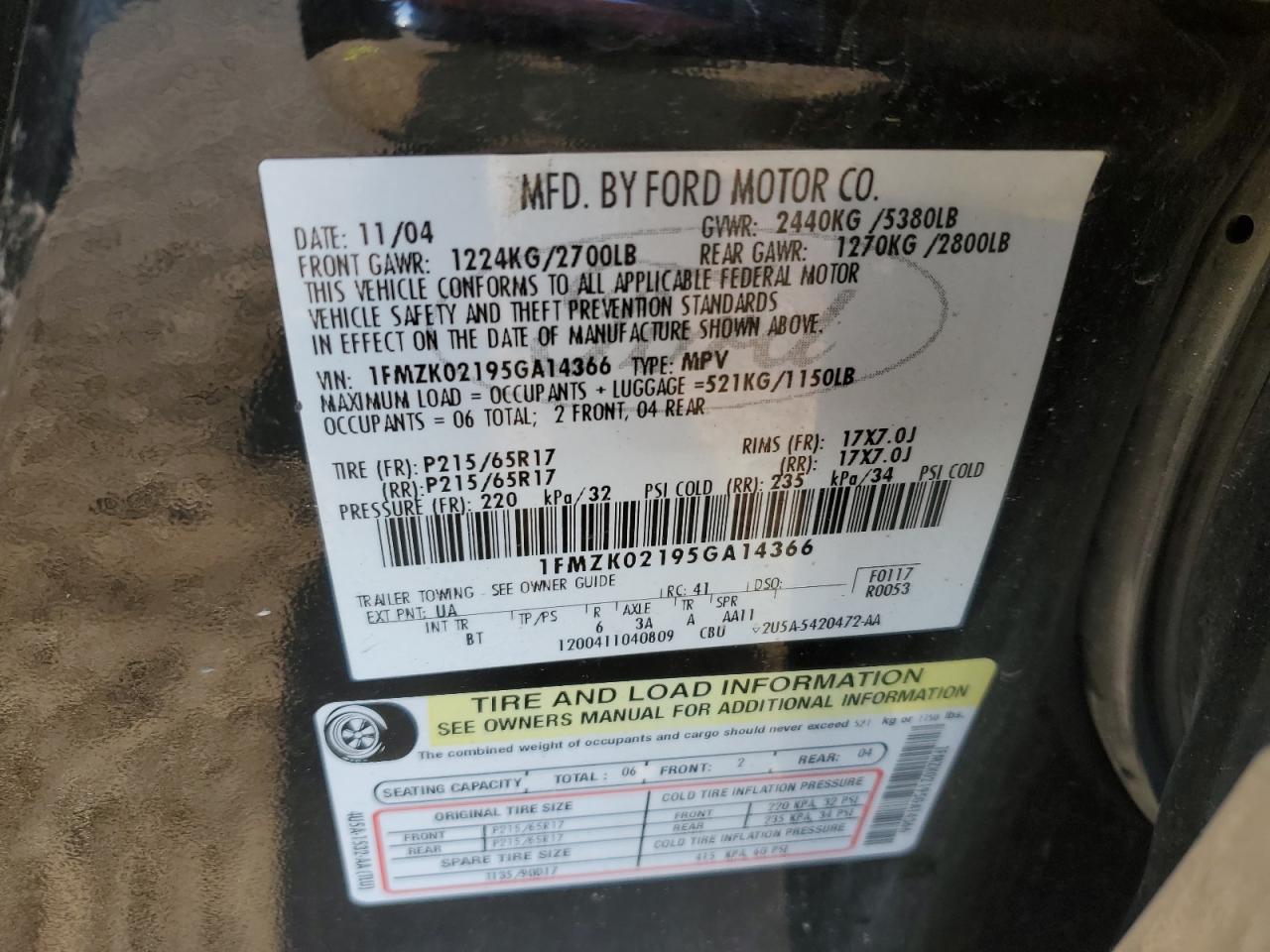 2005 Ford Freestyle Sel VIN: 1FMZK02195GA14366 Lot: 92464655