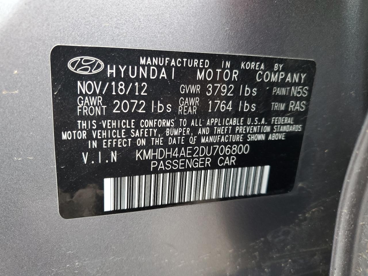 2013 Hyundai Elantra Gls VIN: KMHDH4AE2DU706800 Lot: 92885415