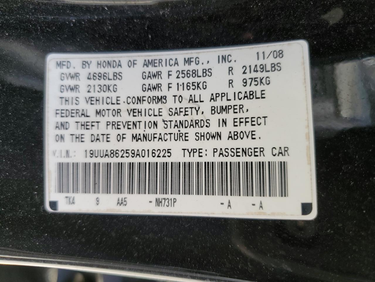 2009 Acura Tl VIN: 19UUA86259A016225 Lot: 93229195