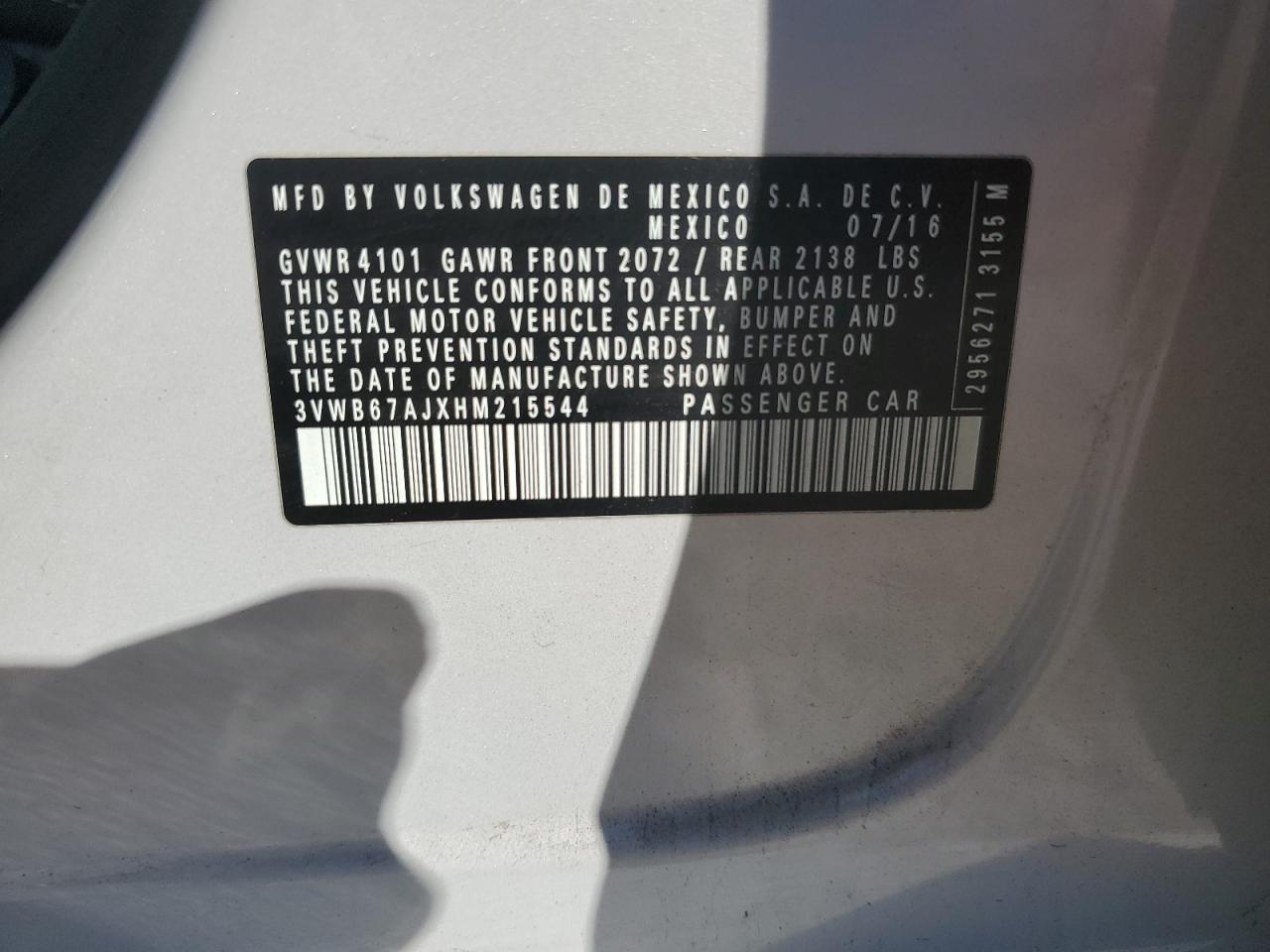 2017 Volkswagen Jetta Se VIN: 3VWB67AJXHM215544 Lot: 91032405