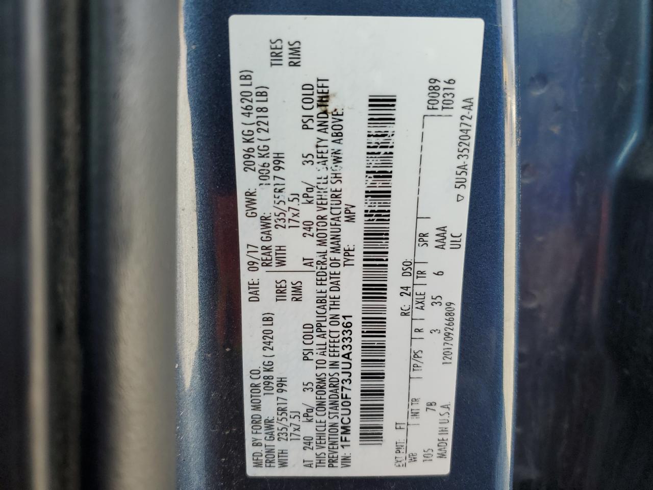 2018 Ford Escape S VIN: 1FMCU0F73JUA33361 Lot: 90759795