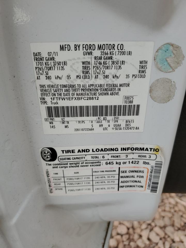 2011 Ford F150 Supercrew VIN: 1FTFW1EFXBFC28812 Lot: 91031845