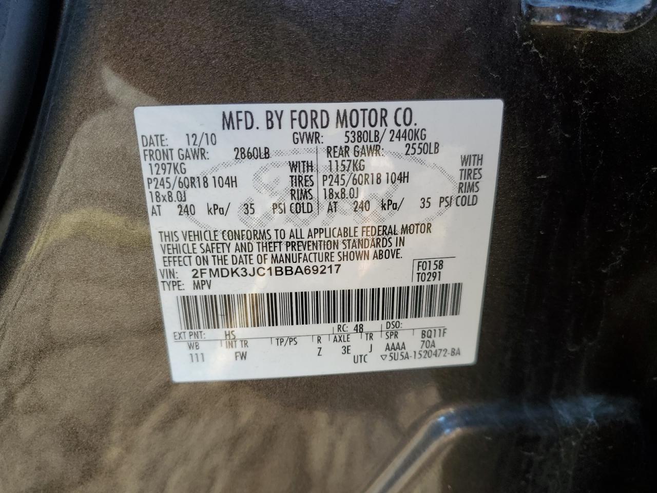 2011 Ford Edge Sel VIN: 2FMDK3JC1BBA69217 Lot: 92869635