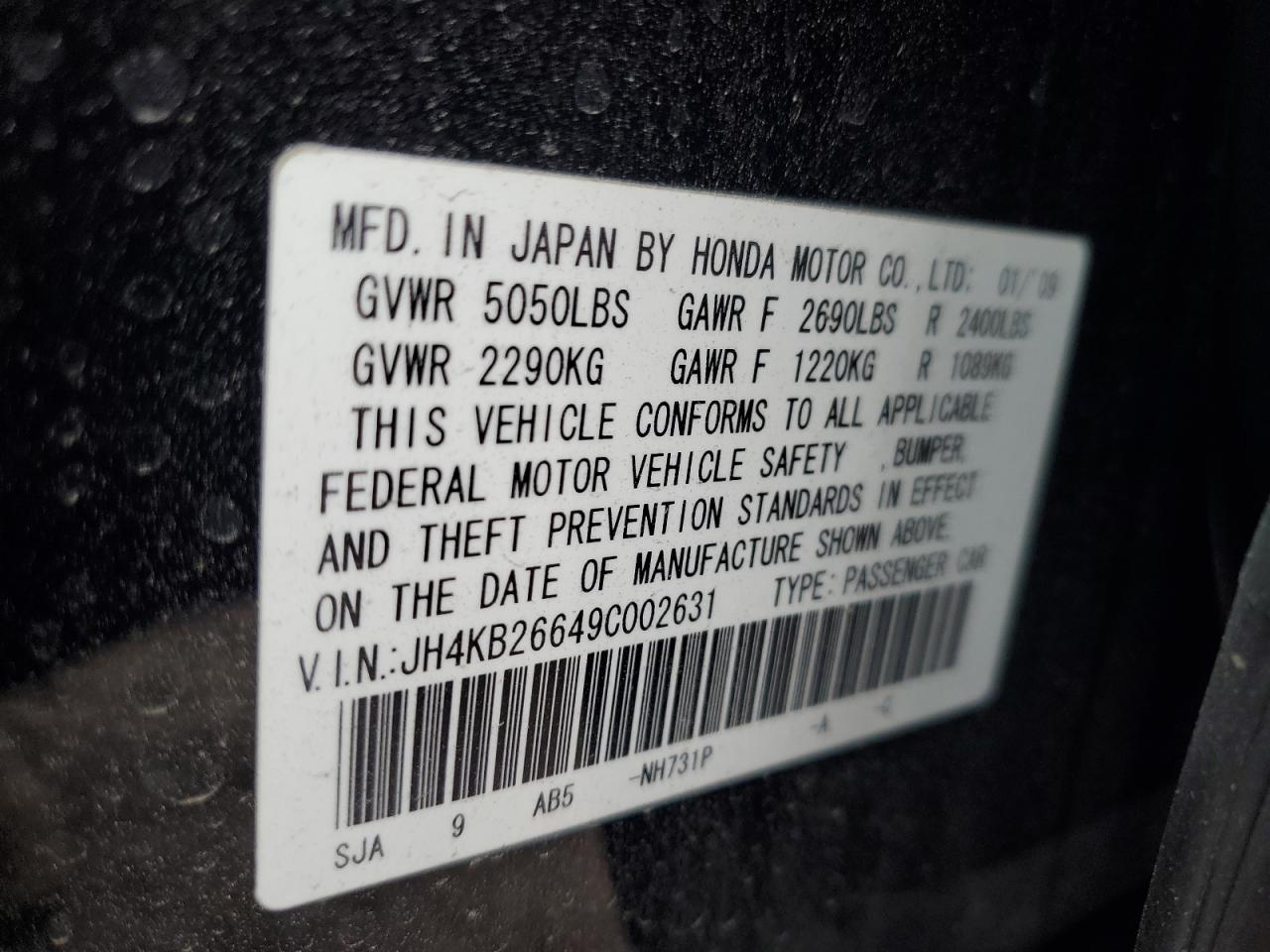 2009 Acura Rl VIN: JH4KB26649C002631 Lot: 93311775