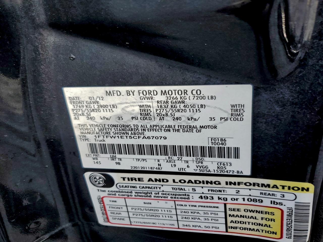 2012 Ford F150 Supercrew VIN: 1FTFW1ET5CFA67079 Lot: 92839265