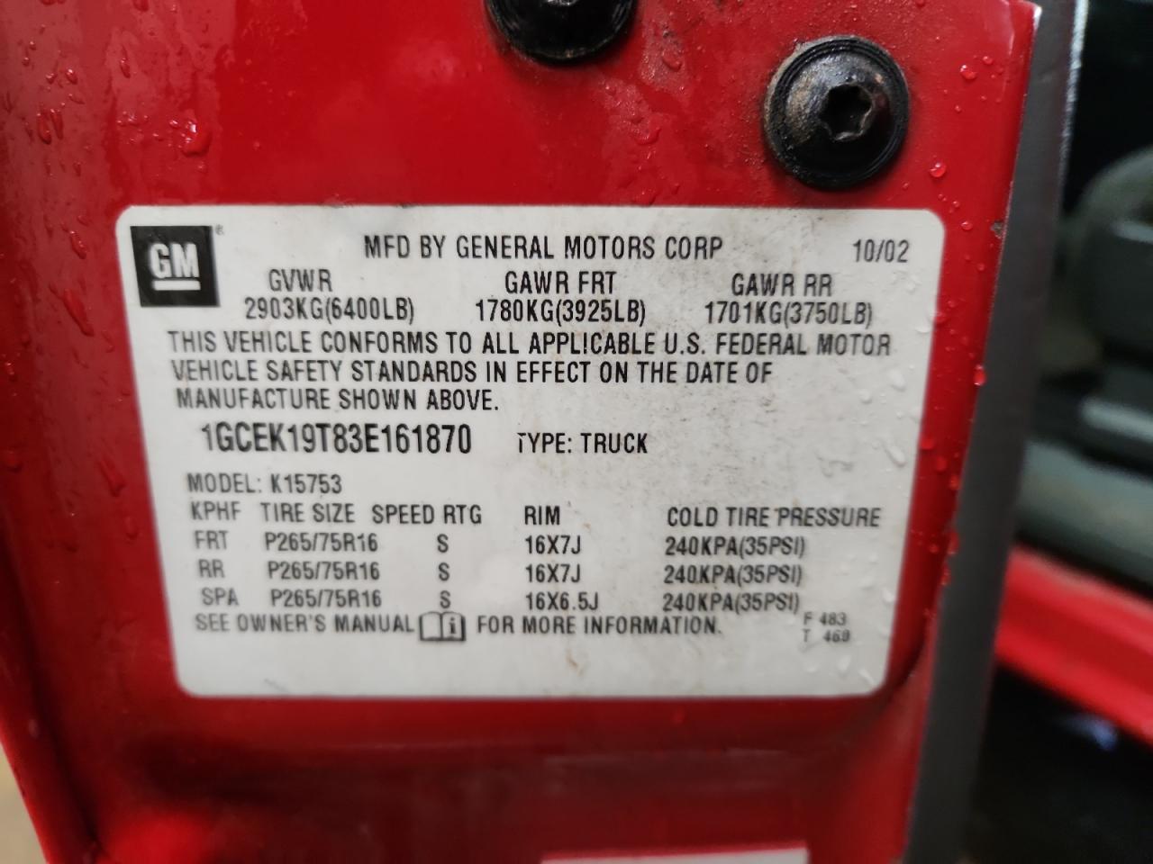 2003 Chevrolet Silverado K1500 VIN: 1GCEK19T83E161870 Lot: 92656345