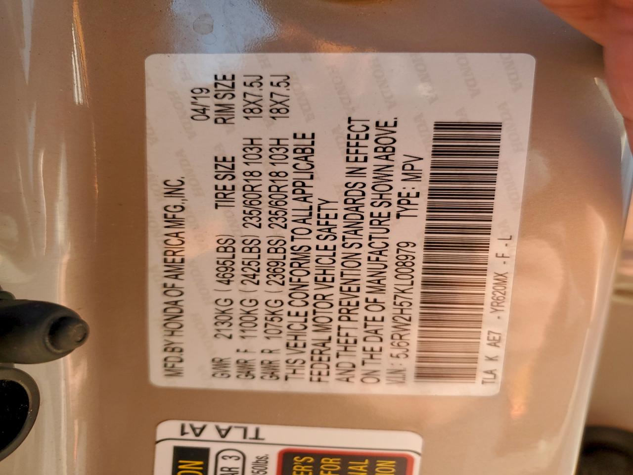 2019 Honda Cr-V Ex VIN: 5J6RW2H57KL008979 Lot: 94395075