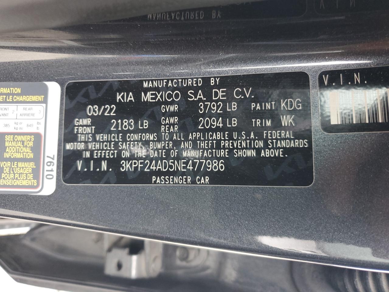 2022 Kia Forte Fe VIN: 3KPF24AD5NE477986 Lot: 93525075