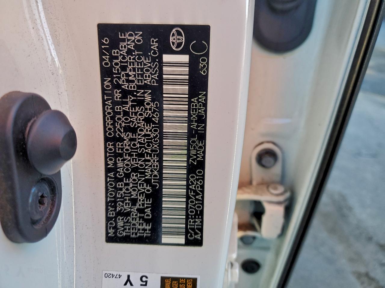 2016 Toyota Prius VIN: JTDKBRFUXG3014675 Lot: 94369815