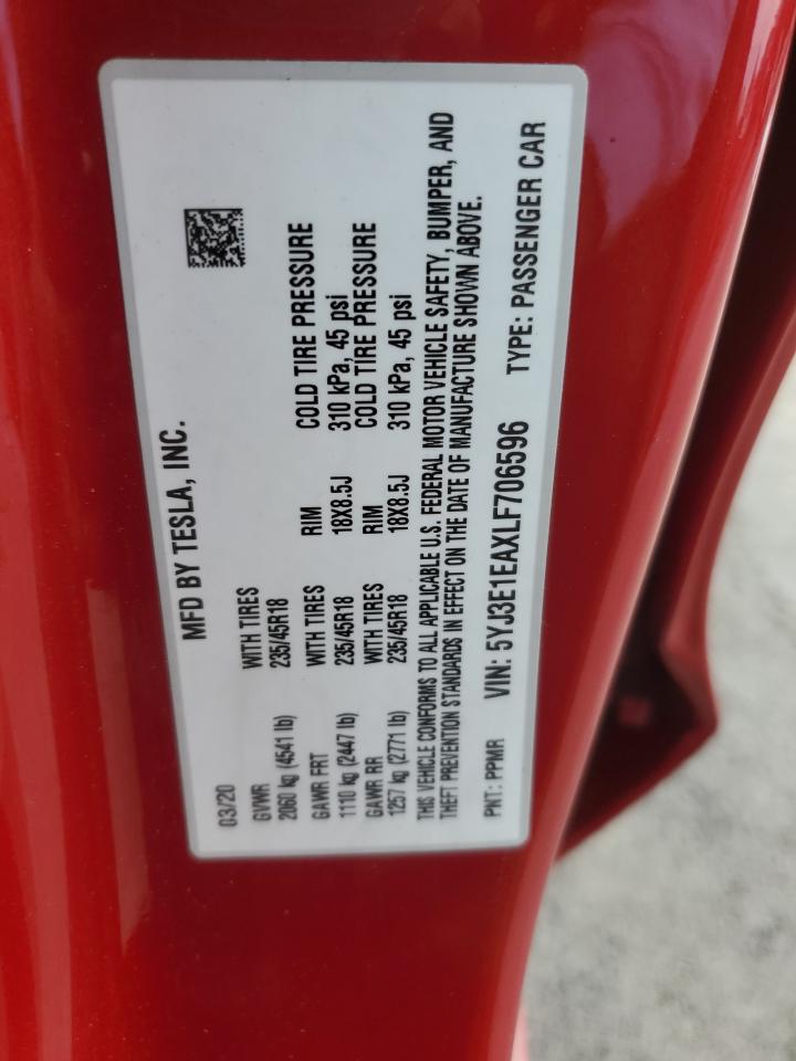 2020 Tesla Model 3 VIN: 5YJ3E1EAXLF706596 Lot: 91983995