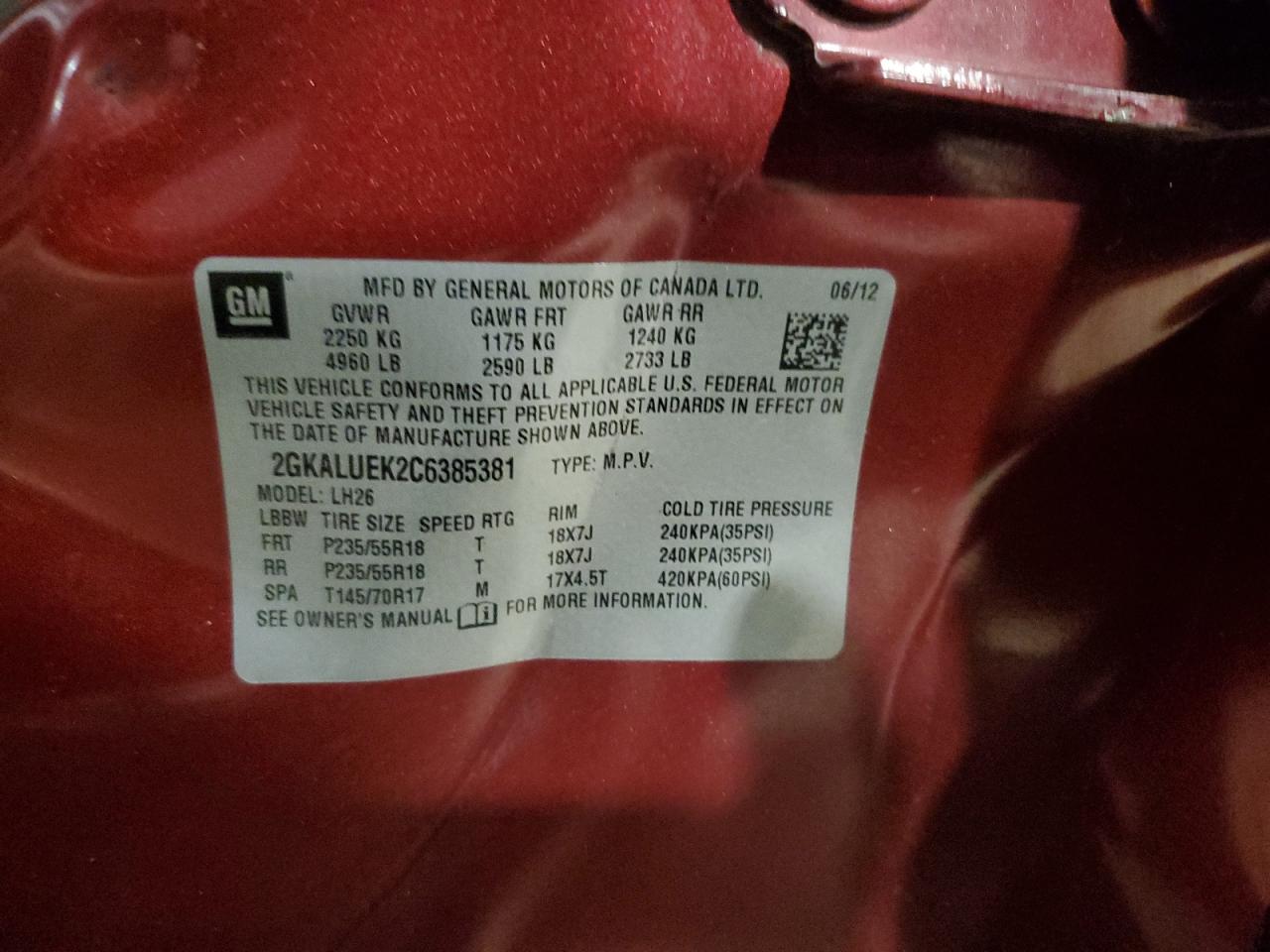 2012 GMC Terrain Slt VIN: 2GKALUEK2C6385381 Lot: 93856765