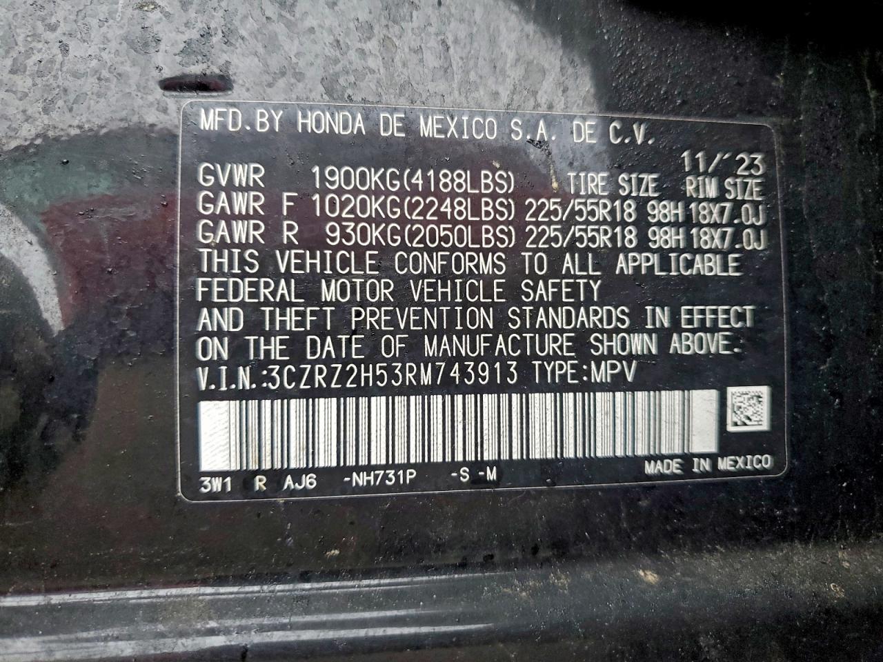 2024 Honda Hr-V Sport VIN: 3CZRZ2H53RM743913 Lot: 94179125