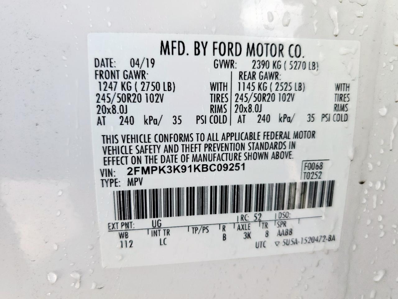 2019 Ford Edge Titanium VIN: 2FMPK3K91KBC09251 Lot: 93000715