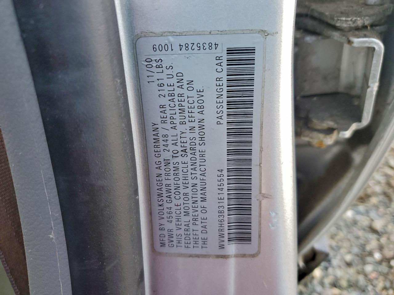 2001 Volkswagen Passat Glx VIN: WVWRH63B31E145554 Lot: 93983145