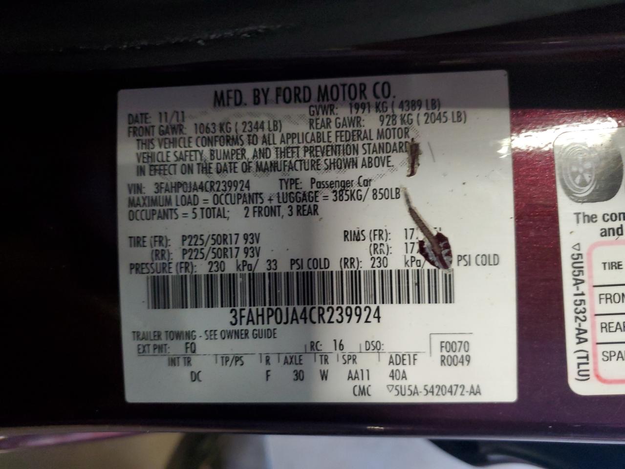 2012 Ford Fusion Sel VIN: 3FAHP0JA4CR239924 Lot: 92584305