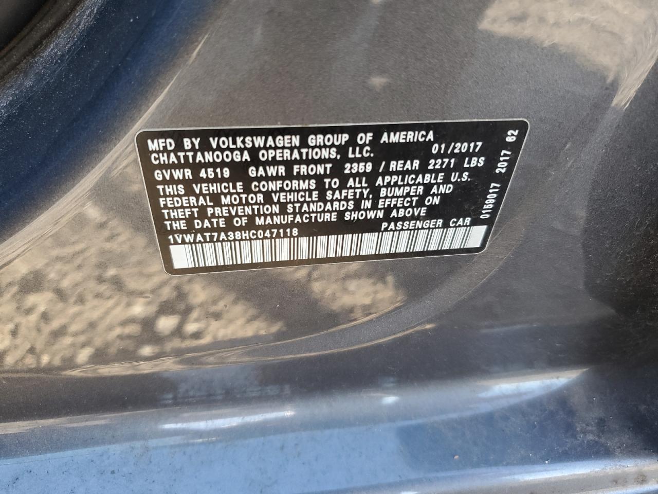 2017 Volkswagen Passat S VIN: 1VWAT7A38HC047118 Lot: 91768295