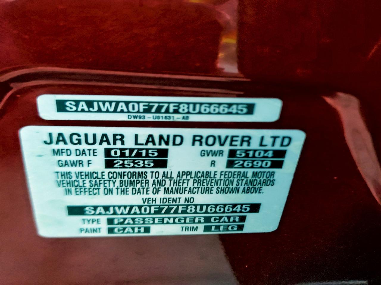 2015 Jaguar Xf 3.0 Sport VIN: SAJWA0F77F8U66645 Lot: 93441165