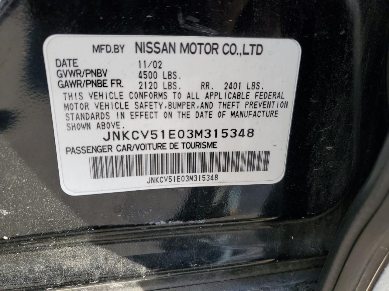 2003 Infiniti G35 VIN: JNKCV51E03M315348 Lot: 91452505