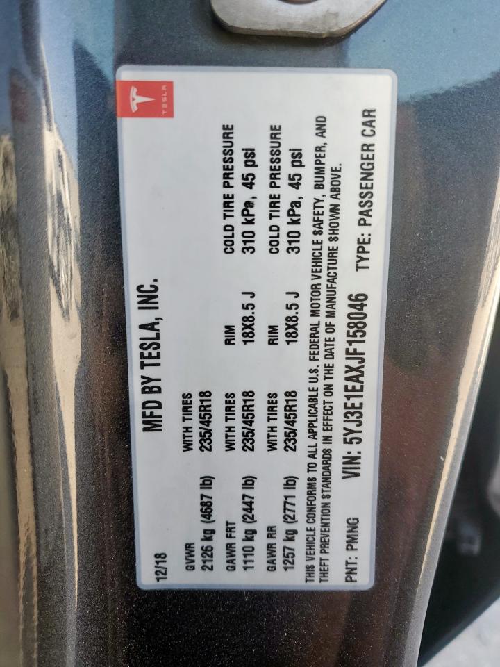 2018 Tesla Model 3 VIN: 5YJ3E1EAXJF158046 Lot: 92931215