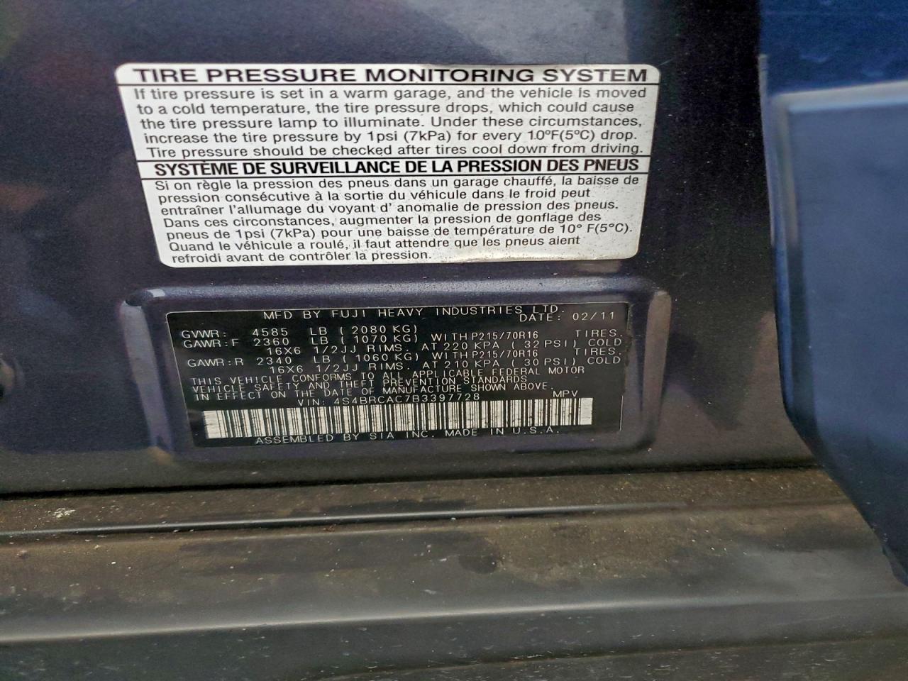 2011 Subaru Outback 2.5I VIN: 4S4BRCAC7B3397728 Lot: 94426315