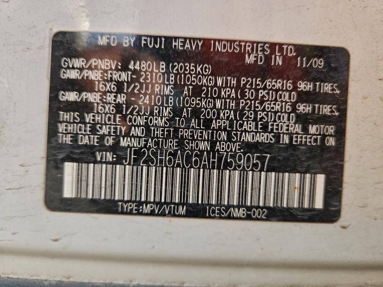 2010 Subaru Forester 2.5X VIN: JF2SH6AC6AH759057 Lot: 94537245