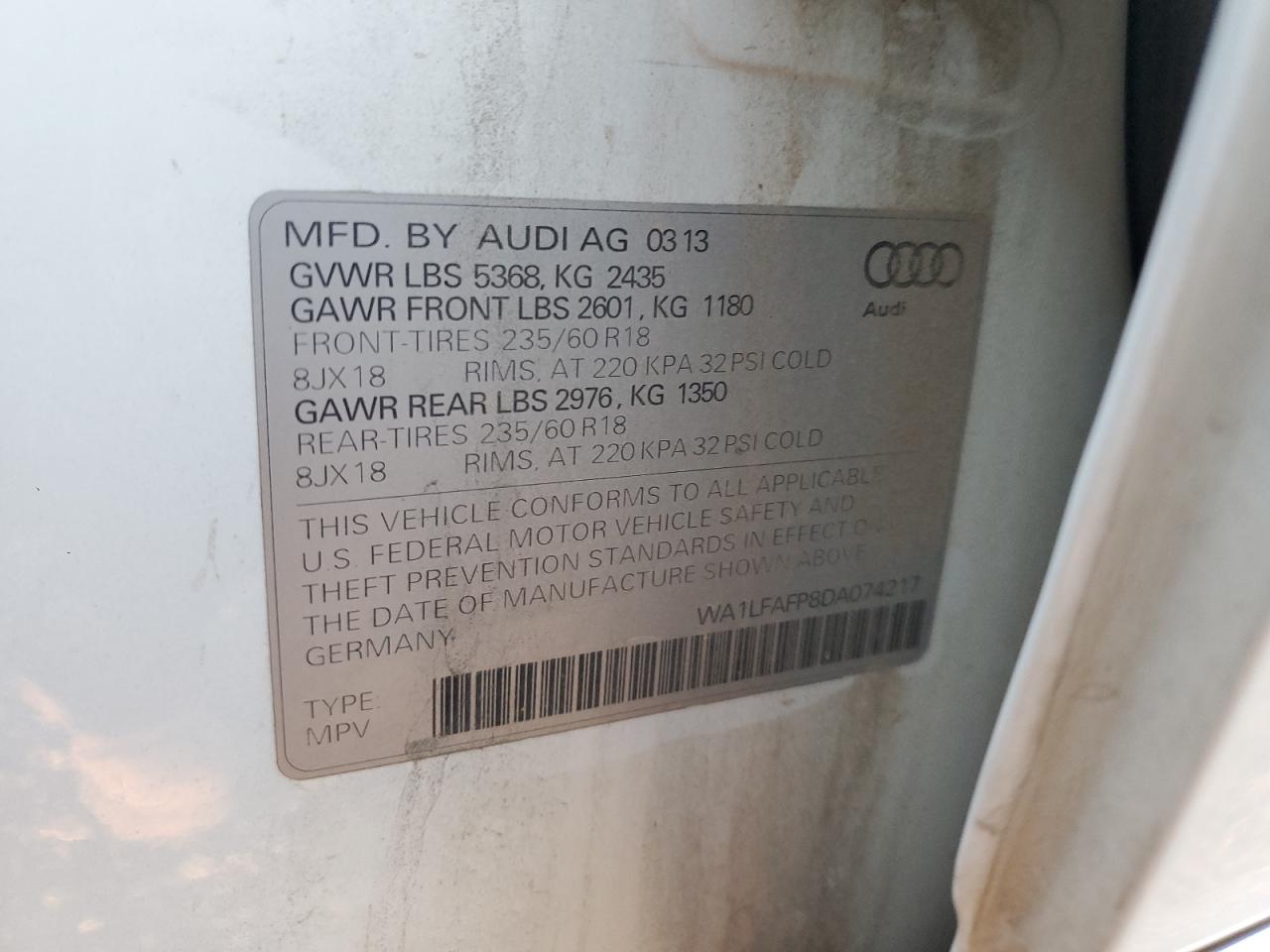 2013 Audi Q5 Premium Plus VIN: WA1LFAFP8DA074217 Lot: 91459925