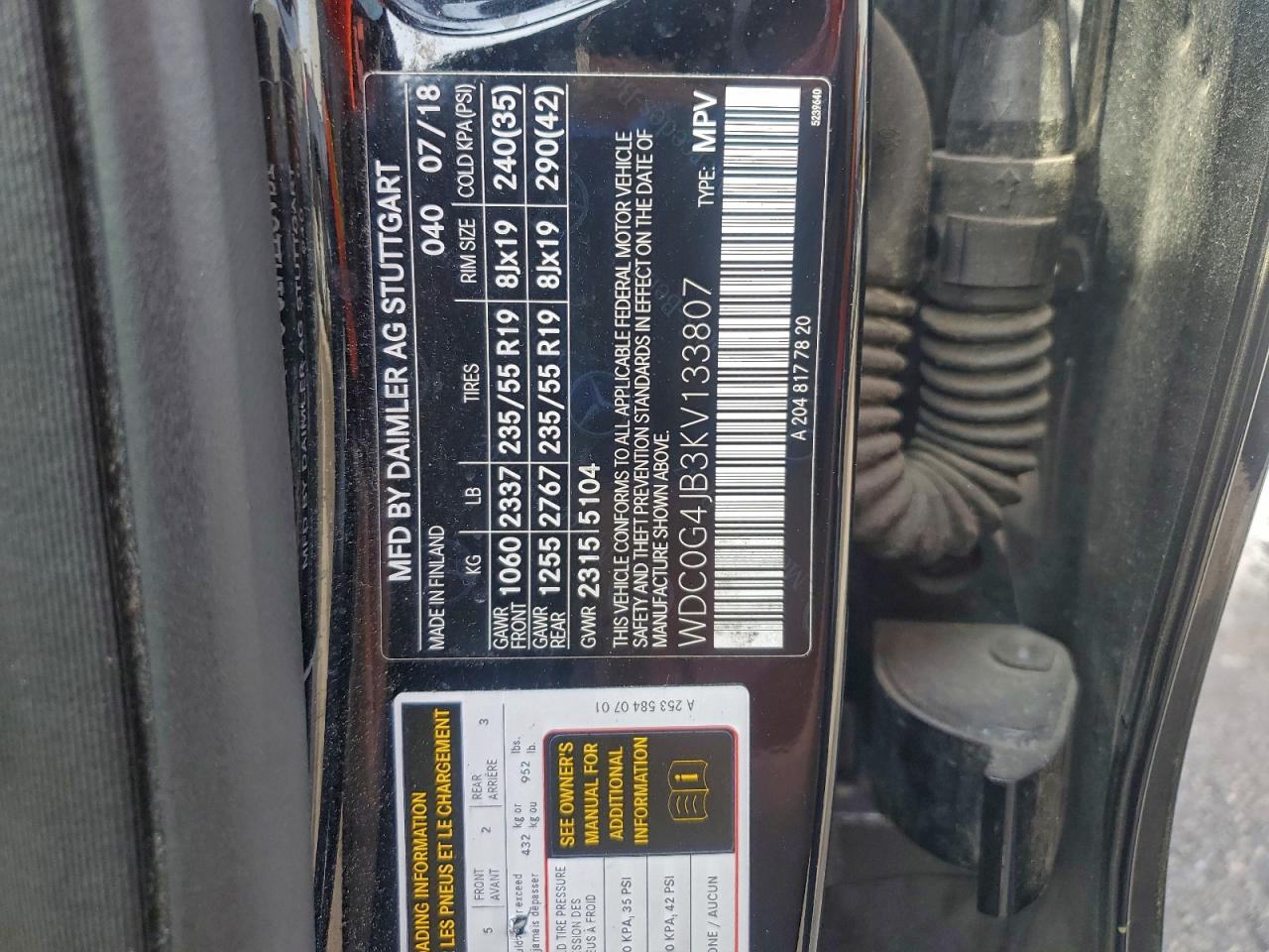 2019 Mercedes-Benz Glc 300 VIN: WDC0G4JB3KV133807 Lot: 93440175