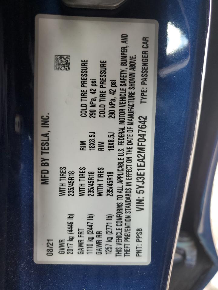 2021 Tesla Model 3 VIN: 5YJ3E1EA2MF047642 Lot: 91943905