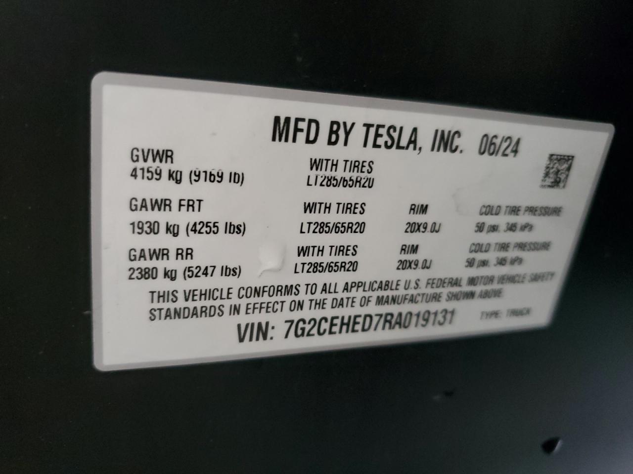 2024 Tesla Cybertruck VIN: 7G2CEHED7RA019131 Lot: 93265195