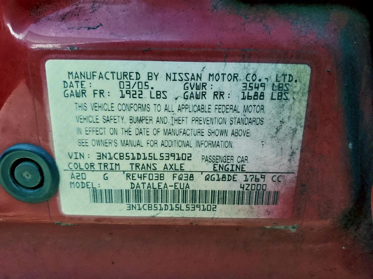 2005 Nissan Sentra 1.8 VIN: 3N1CB51D15L539102 Lot: 94080835