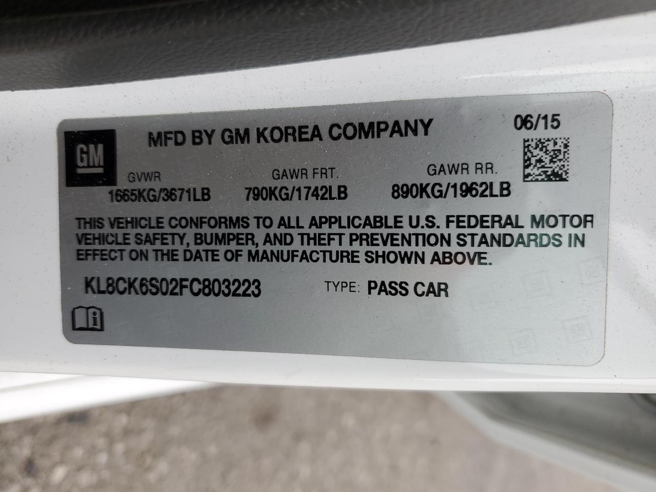 2015 Chevrolet Spark Ev 1Lt VIN: KL8CK6S02FC803223 Lot: 90553625