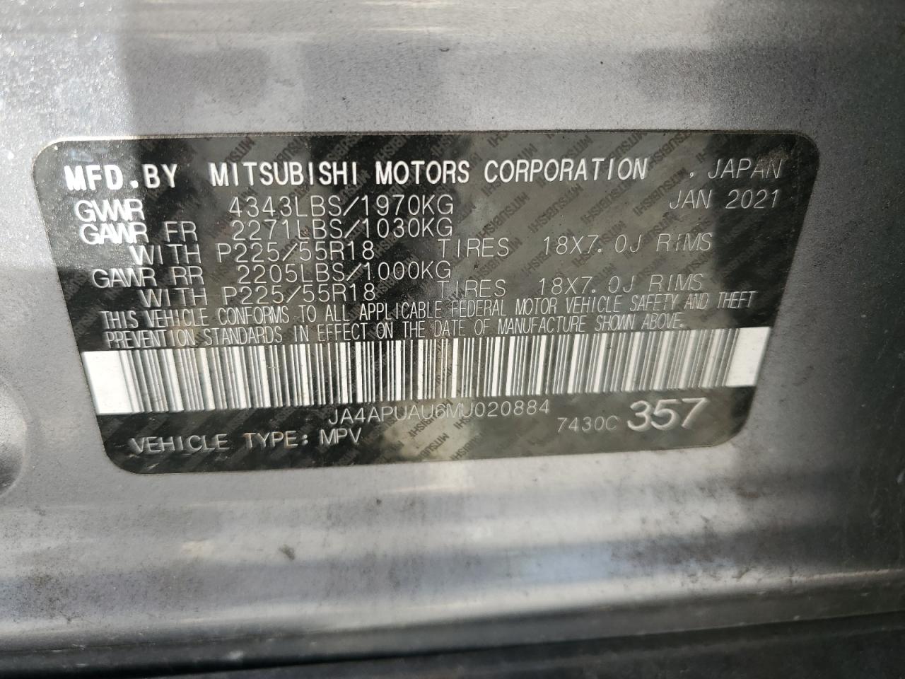 2021 Mitsubishi Outlander Sport Es VIN: JA4APUAU6MU020884 Lot: 93030265