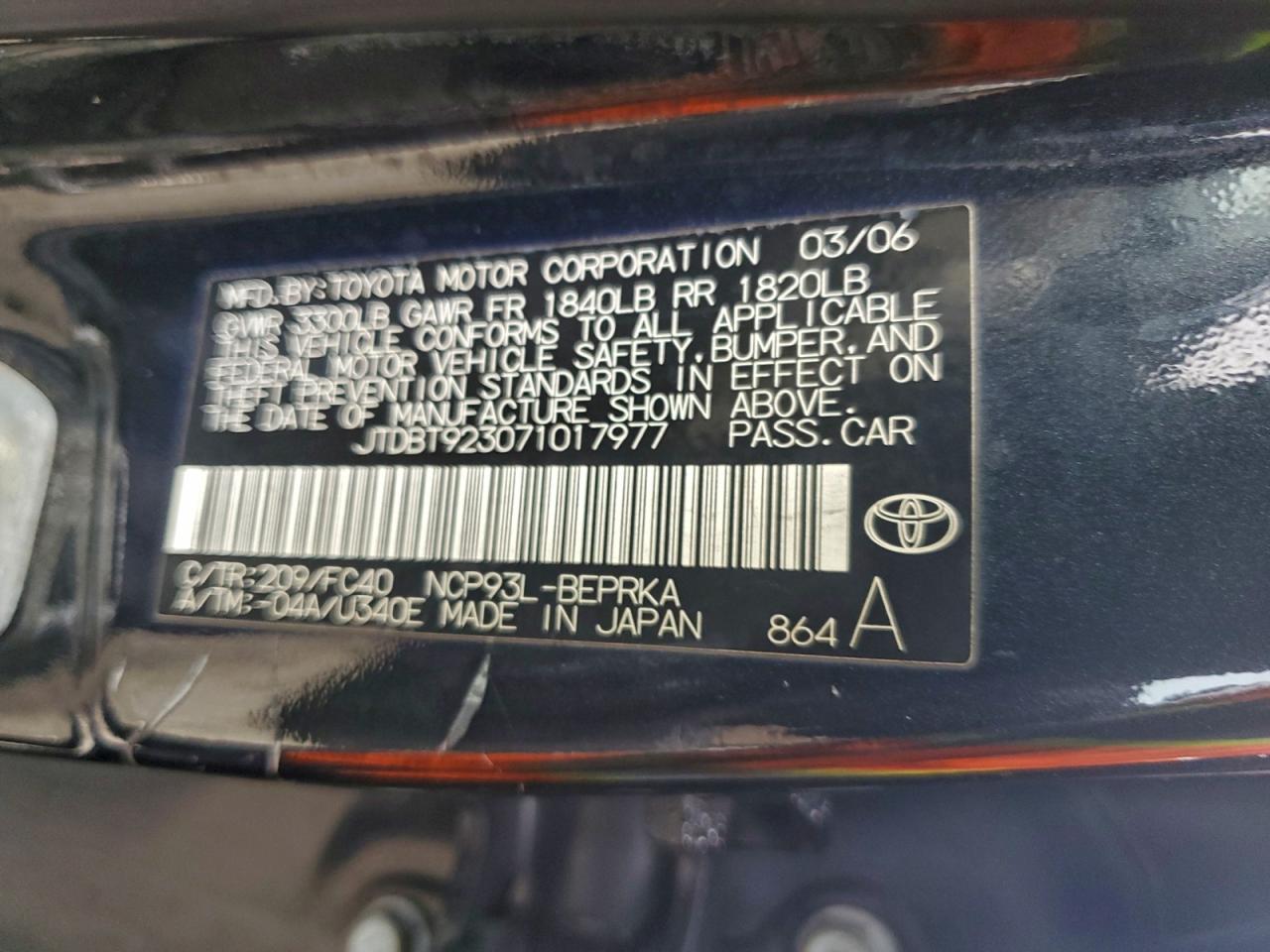 2007 Toyota Yaris VIN: JTDBT923071017977 Lot: 94381165