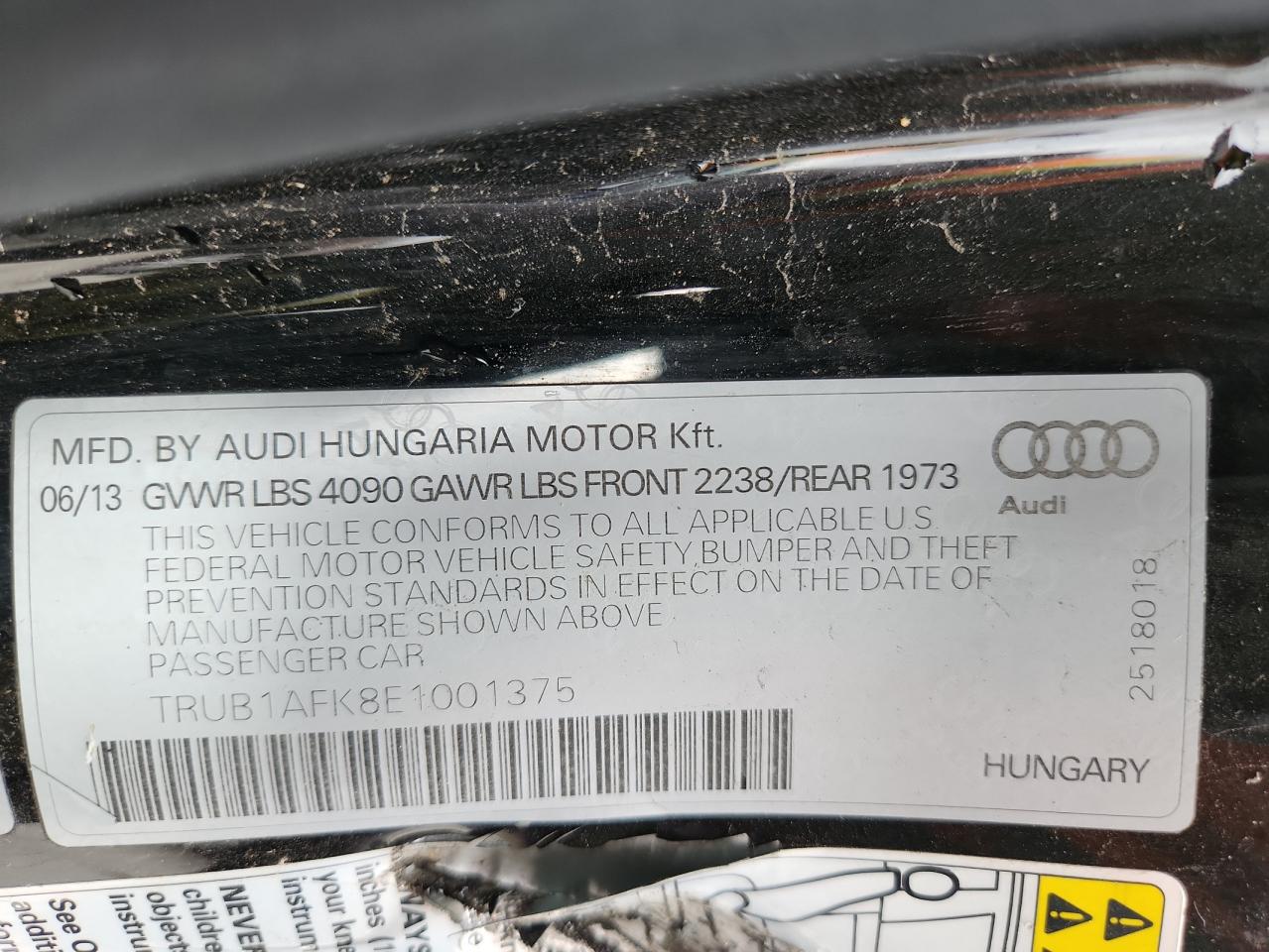 2014 Audi Tts Premium Plus VIN: TRUB1AFK8E1001375 Lot: 92271525