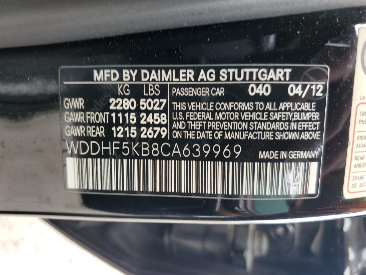 2012 Mercedes-Benz E 350 VIN: WDDHF5KB8CA639969 Lot: 93612675