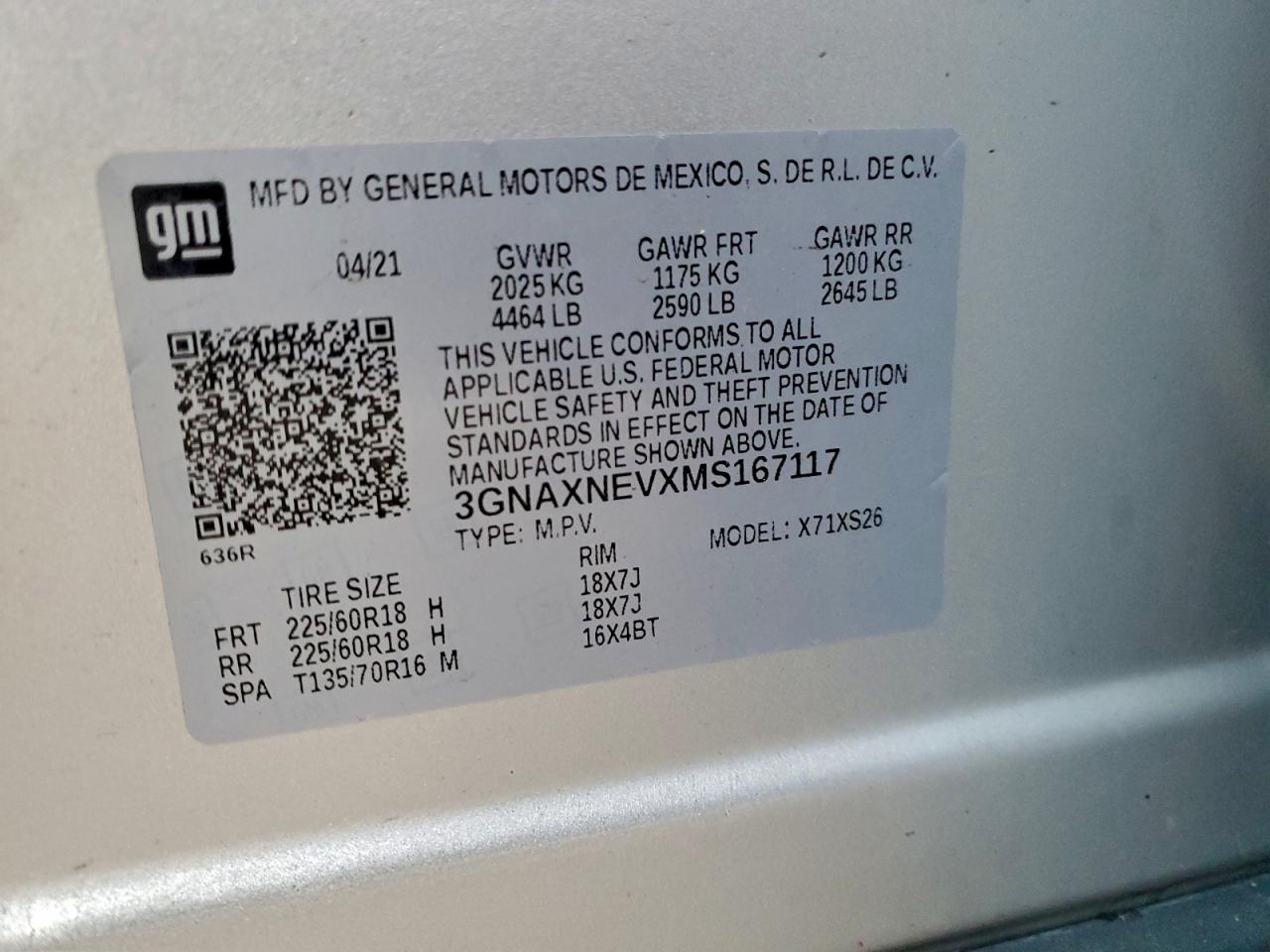 2021 Chevrolet Equinox Premier VIN: 3GNAXNEVXMS167117 Lot: 93981265