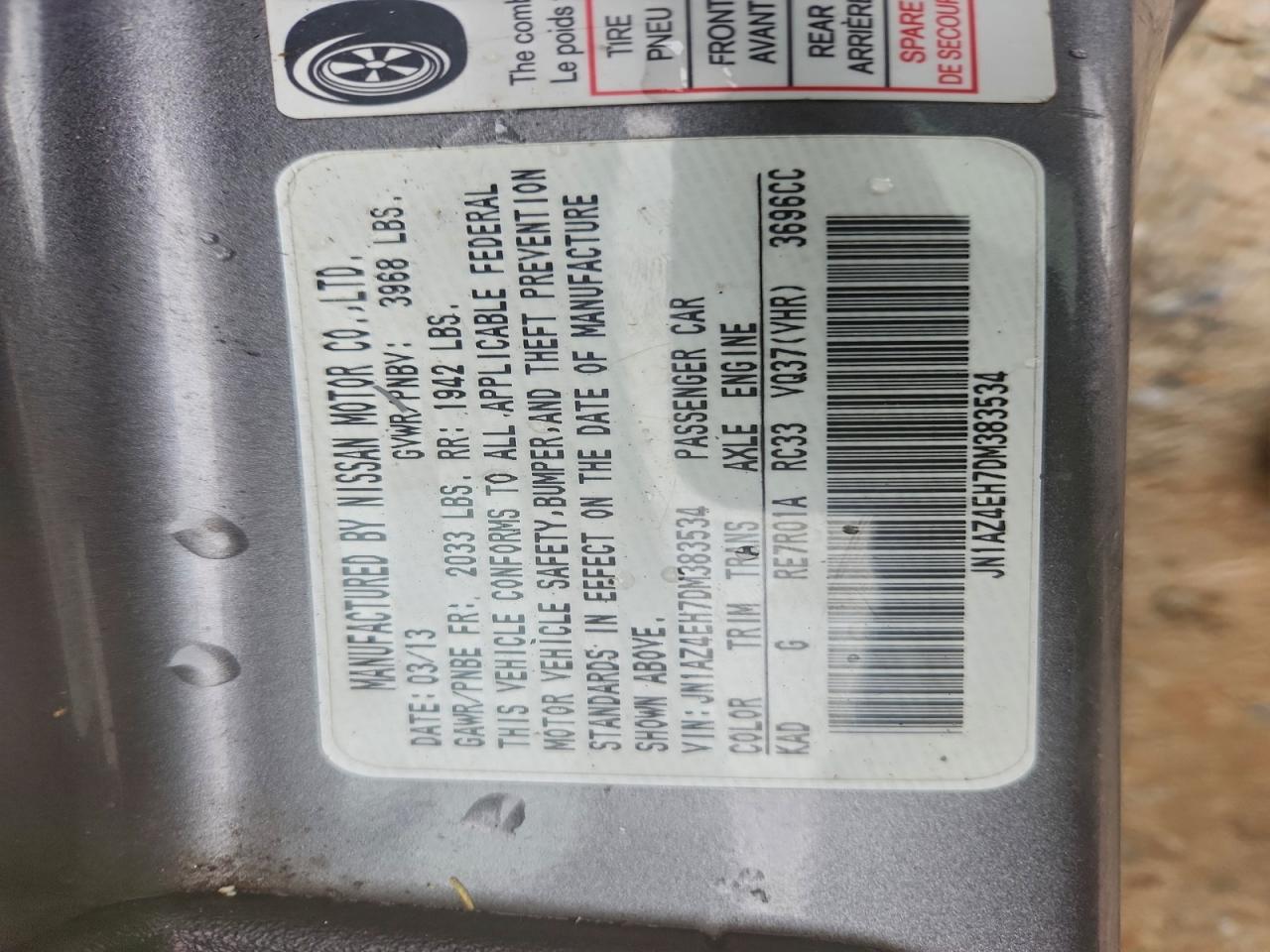 2013 Nissan 370Z Base VIN: JN1AZ4EH7DM383534 Lot: 94332205