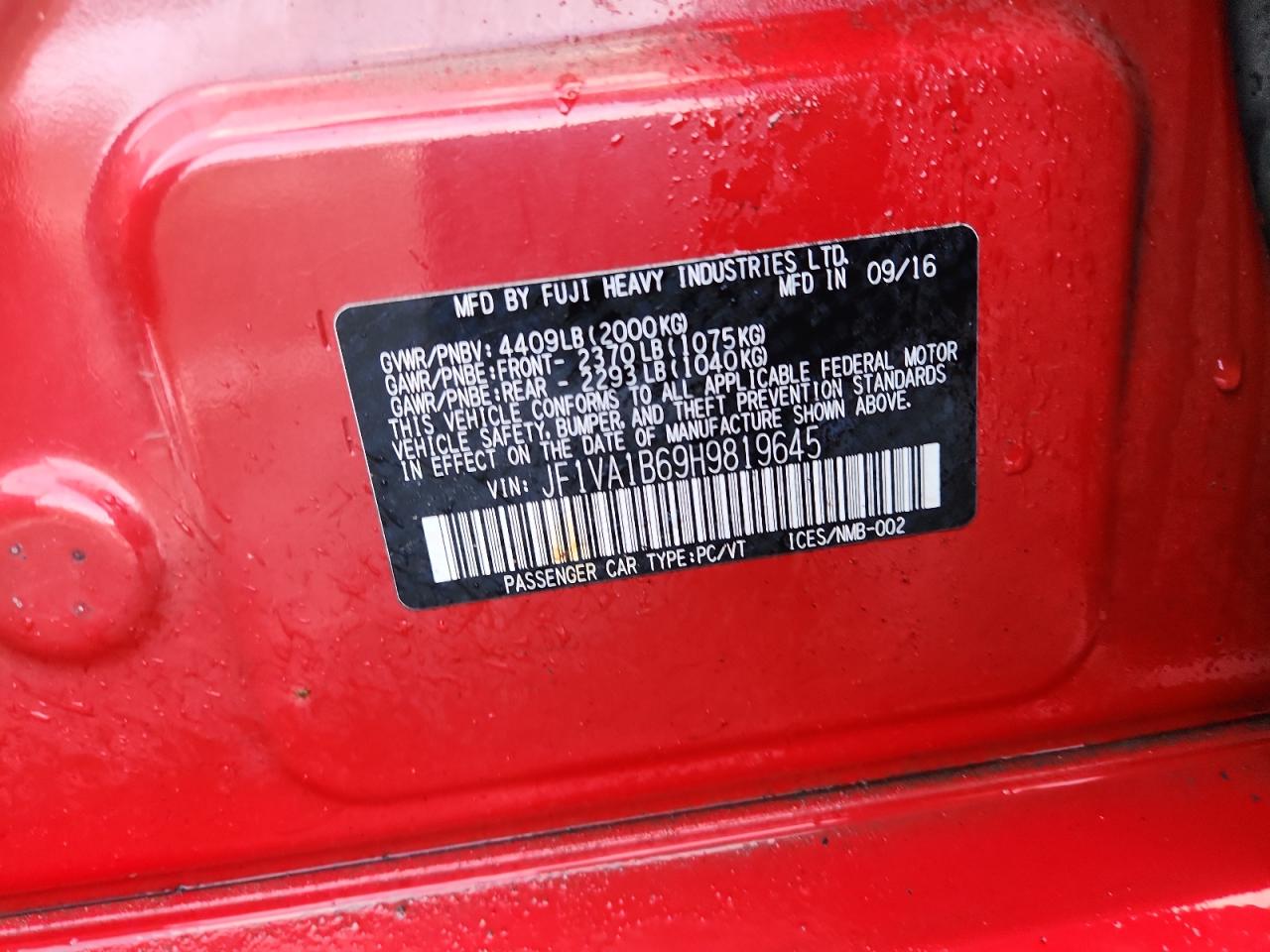 2017 Subaru Wrx VIN: JF1VA1B69H9819645 Lot: 92096225