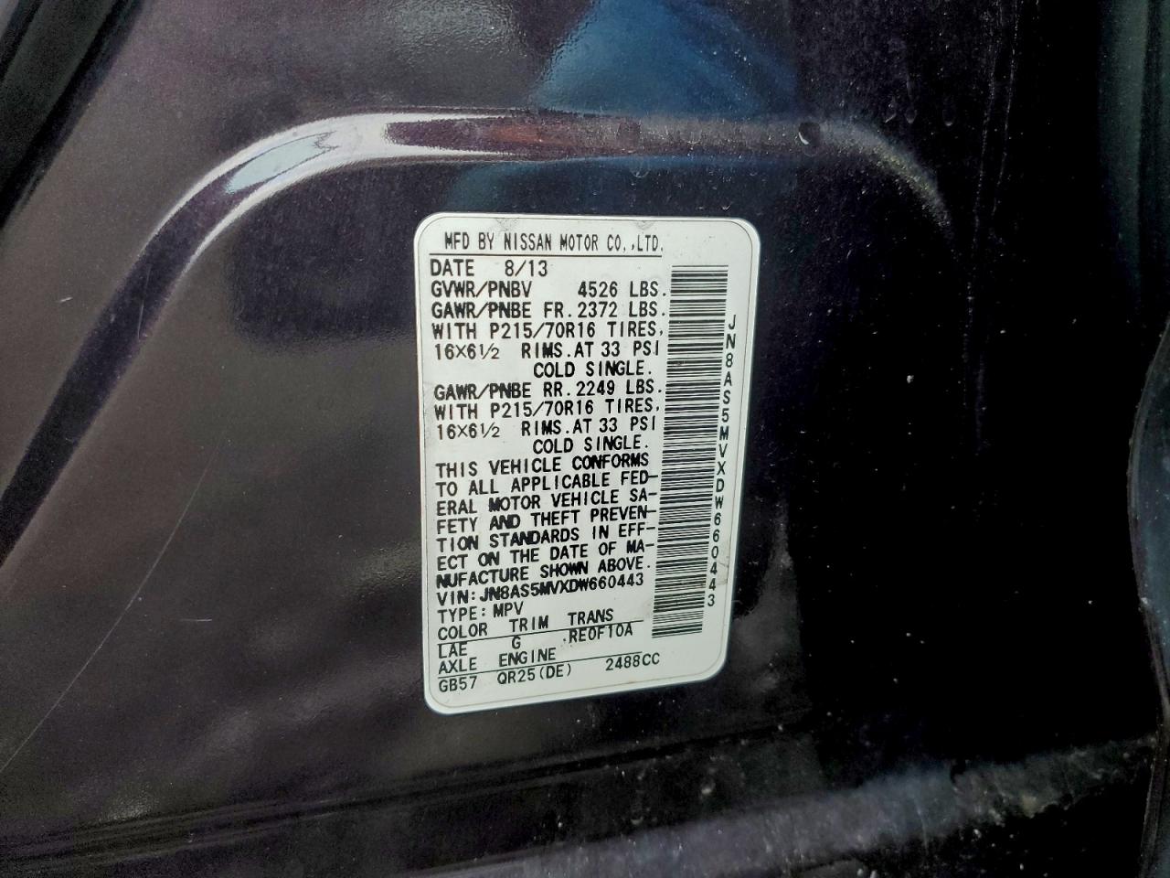 2013 Nissan Rogue S VIN: JN8AS5MVXDW660443 Lot: 94352985