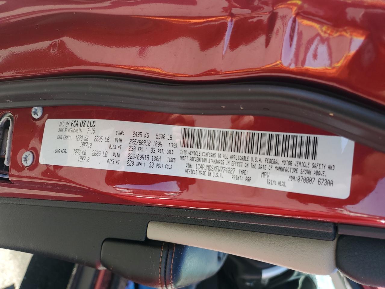 2015 Jeep Cherokee Limited VIN: 1C4PJMDSXFW774227 Lot: 91796315