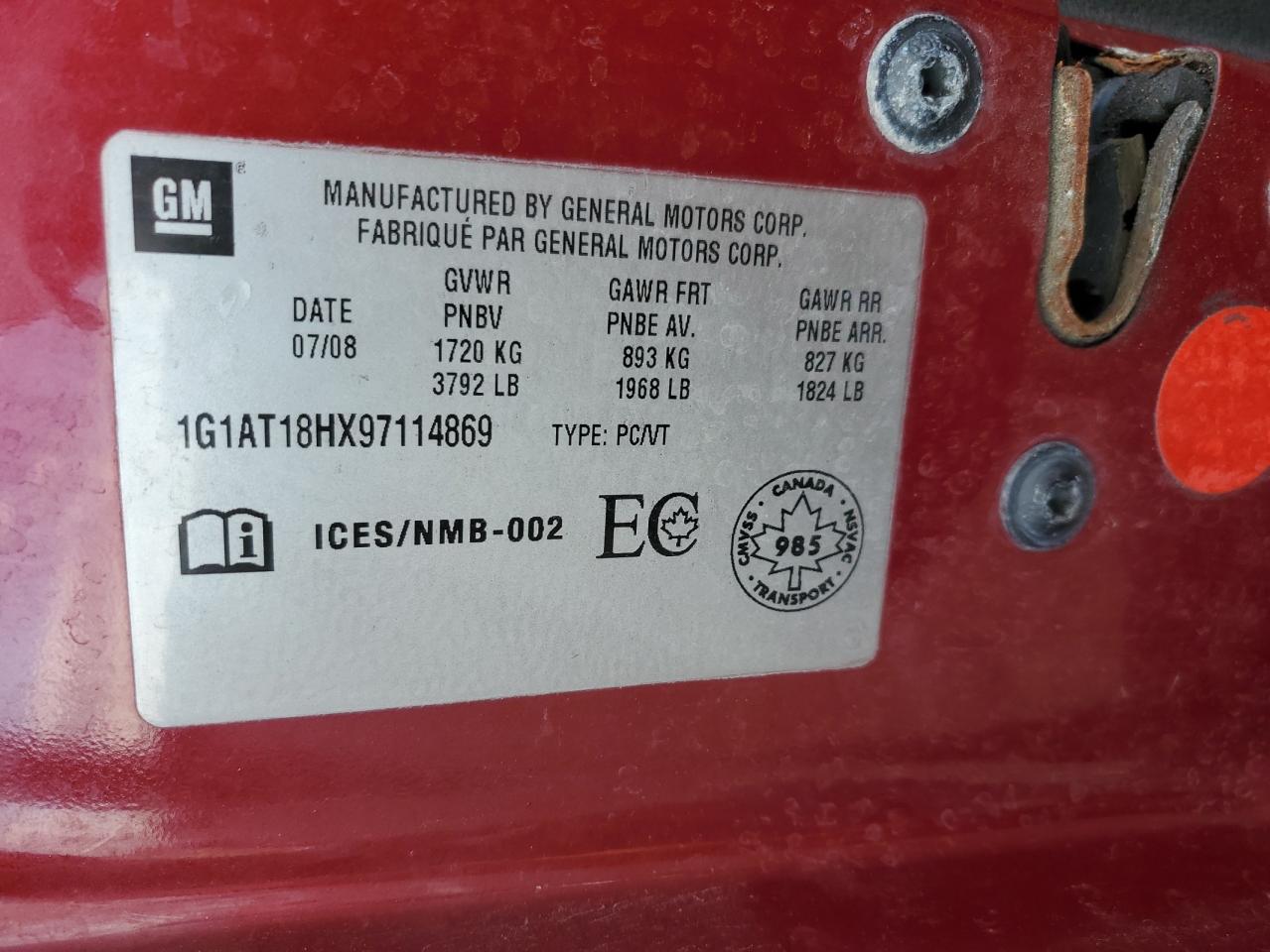 2009 Chevrolet Cobalt Lt VIN: 1G1AT18HX97114869 Lot: 91168195
