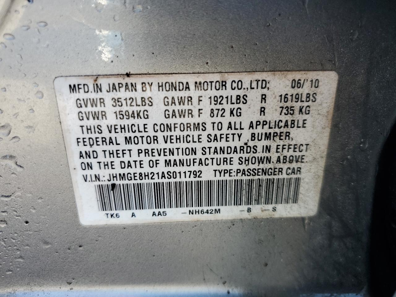 2010 Honda Fit VIN: JHMGE8H21AS011792 Lot: 91878045