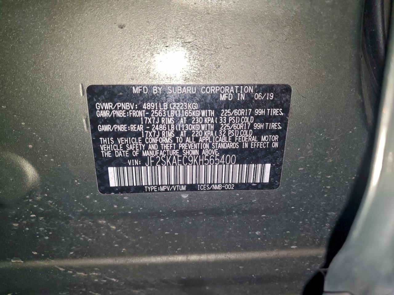 2019 Subaru Forester Premium VIN: JF2SKAEC9KH565400 Lot: 94336995