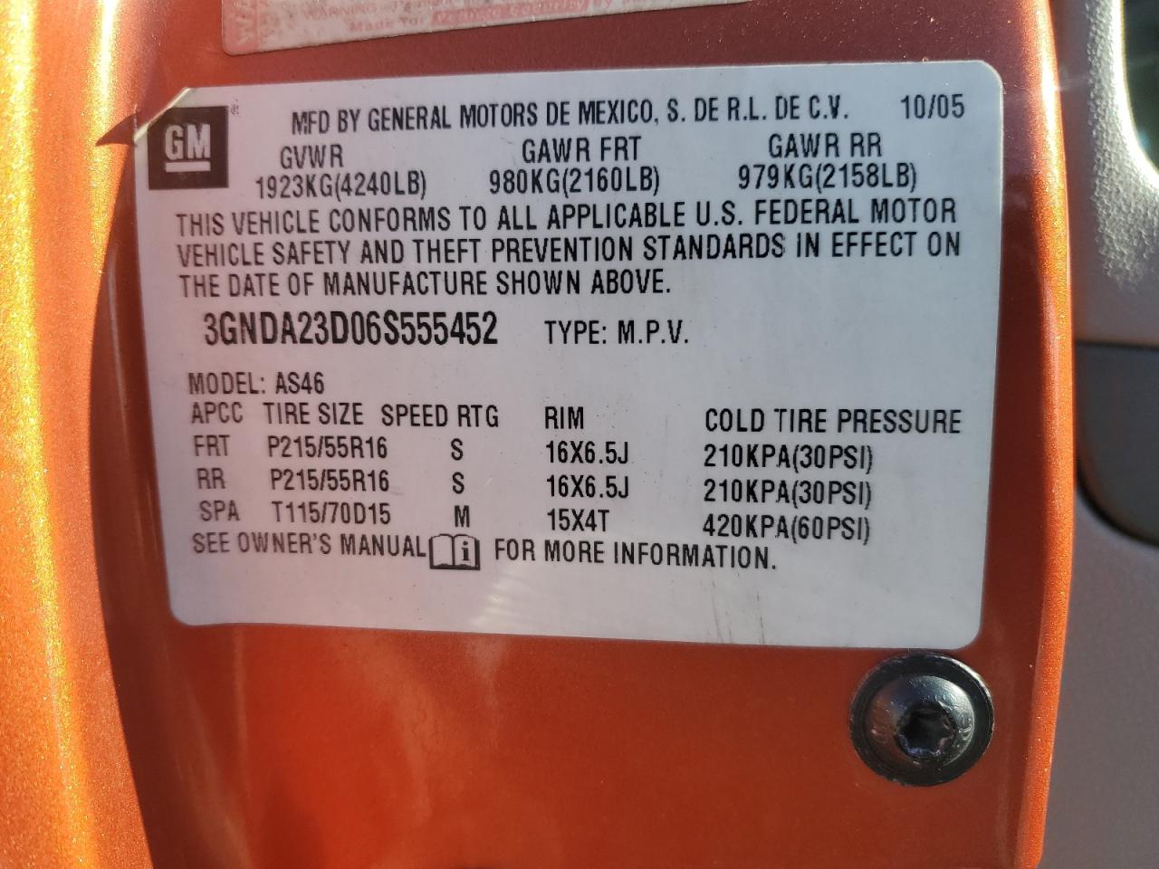 2006 Chevrolet Hhr Lt VIN: 3GNDA23D06S555452 Lot: 92414915