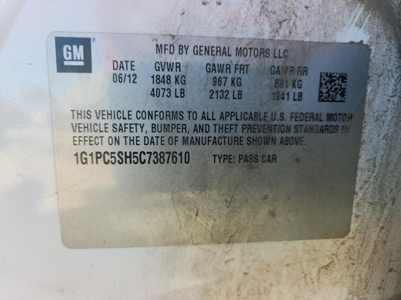 2012 Chevrolet Cruze Ls VIN: 1G1PC5SH5C7387610 Lot: 90622555