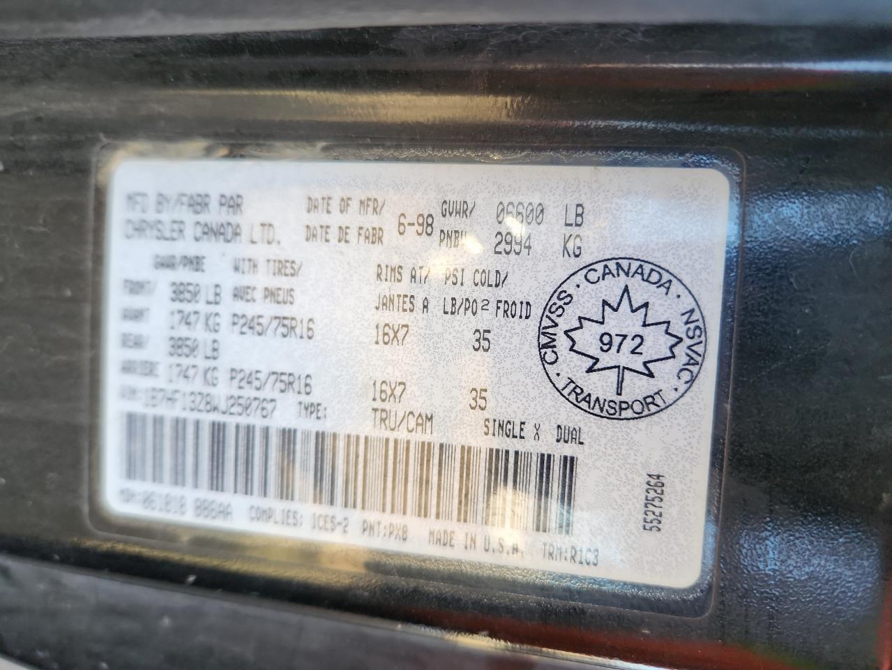 1998 Dodge Ram 1500 VIN: 1B7HF13Z8WJ250767 Lot: 90122285