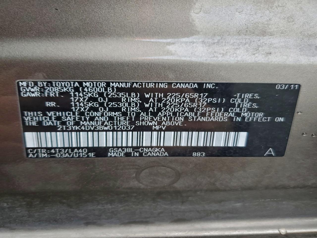 2011 Toyota Rav4 Limited VIN: 2T3YK4DV3BW012037 Lot: 94138105